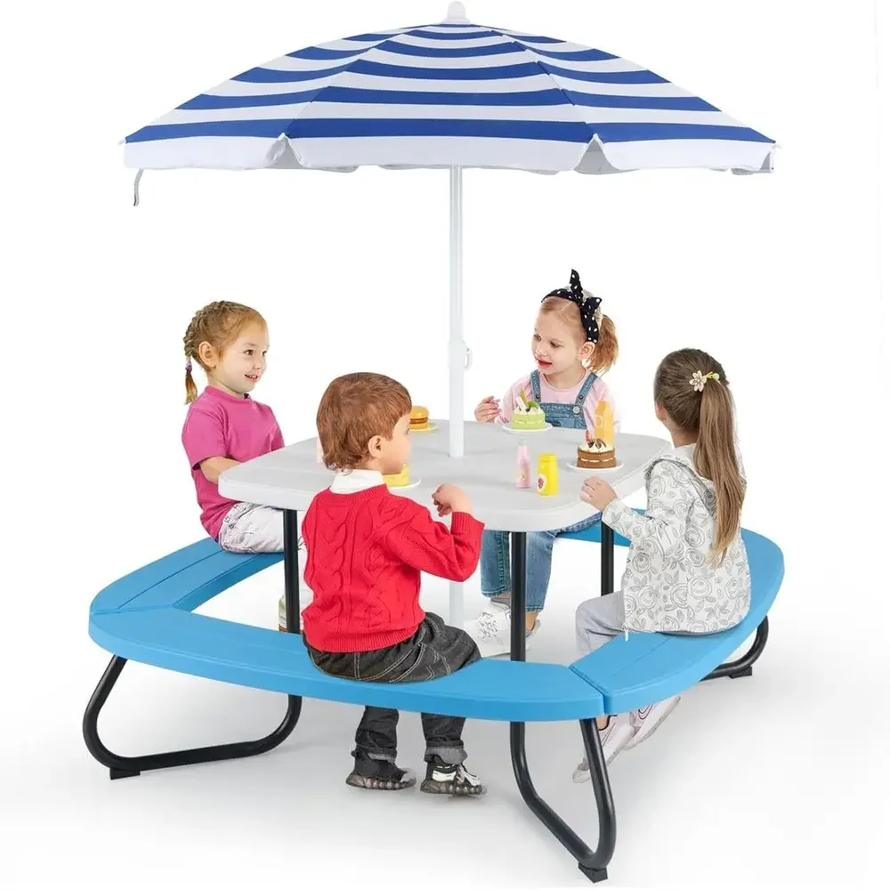 Kids Outdoor Bench Table - 8 Kişilik Çocuk Piknik Masası, Şemsiyeli,