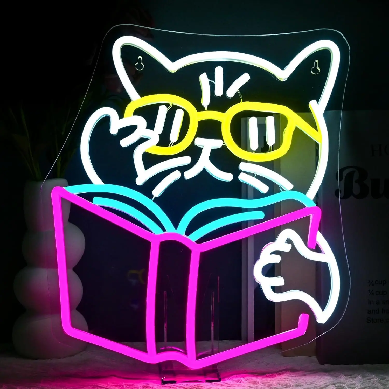 Kids Outdoor Ideas - Akıllı Kedi Kitap Okuyor Neon Tabela